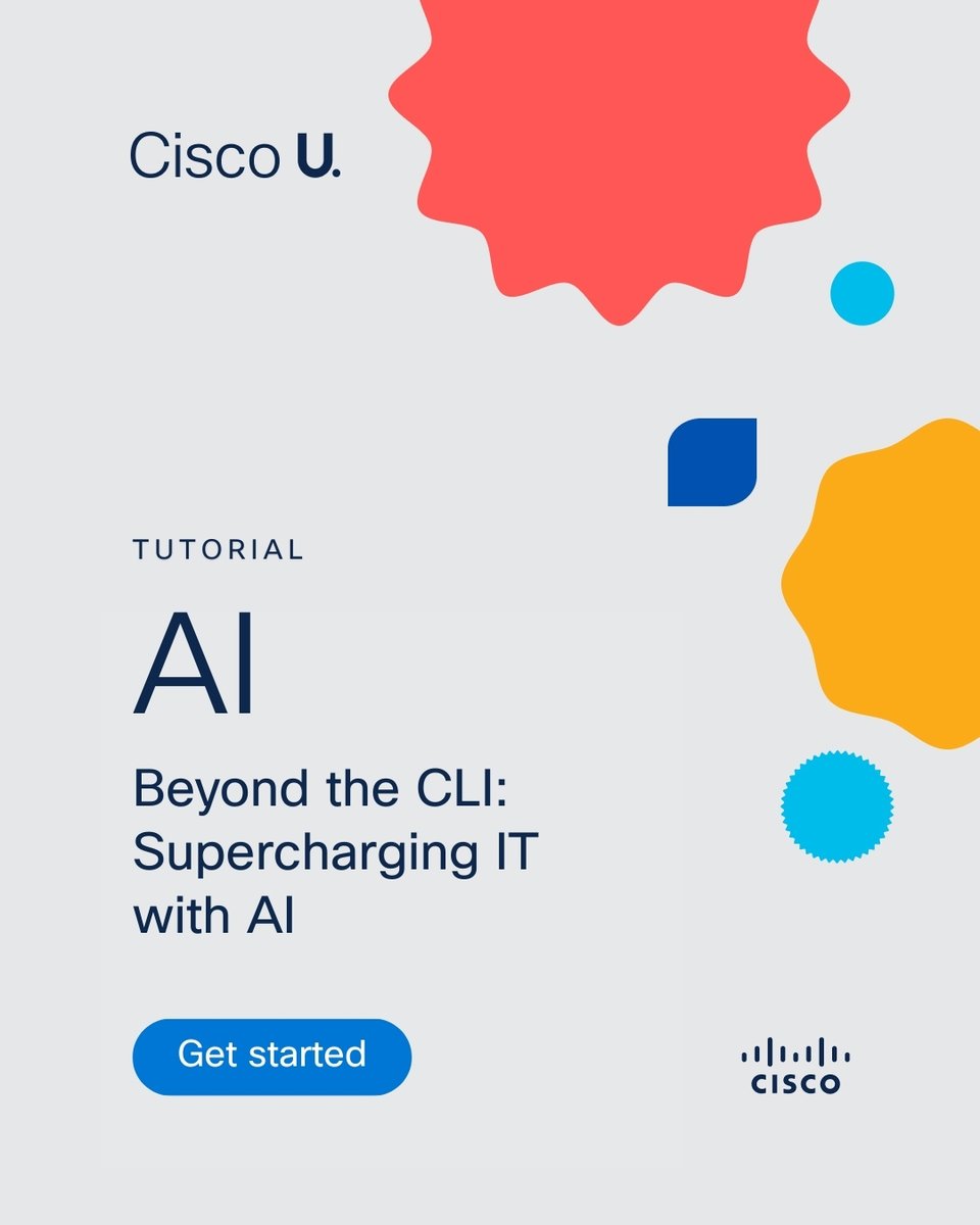 LearningatCisco's tweet image. Network engineers, we&apos;ll show you how to leverage AI for configs, troubleshooting, and documentation.

Dive into this free, 45m tutorial to discover how #GenAI tools can transform your IT workflow. 

Get started 👉  cs.co/6015AG091

#CCNA #CiscoU.