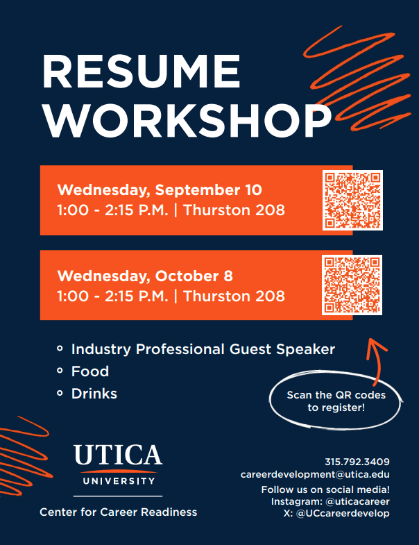 UCcareerdevelop's tweet photo. 🚀 Boost Your Resume! 🚀

Join us this Wednesday, Sept. 10 | 1:00 - 2:15 PM in Thurston 208 for a Resume Workshop!

🔗 Scan the QR code on campus or register now to secure your spot!

Questions? Contact us at careerdevelopment@utica.edu or 315.792.3409. https://t.co/QEfylIKeKQ