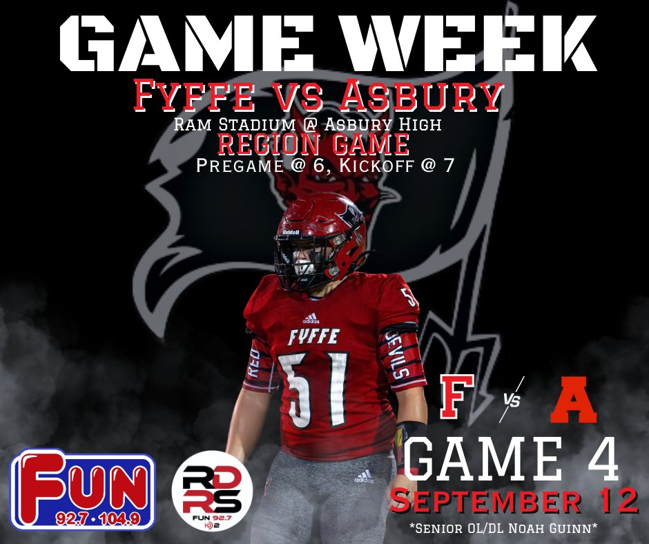 🚨 GAME WEEK 🚨

The Fyffe Red Devils hit the road this Friday to take on the Asbury Rams in a Class 3A, Region 8 battle! 🏈

📍 Location: Asbury High School
⏰ Pregame: 6:00 PM | Kickoff: 7:00 PM

🎧 Catch all the action live on:
➡️ Red Devil Radio Show Facebook &amp; YouTube pages