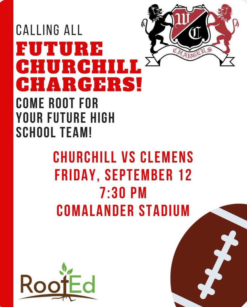 Churchill Cluster-come on out and cheer on our Chargers!!
Wear your elementary or middle school Spirit shirt!!

🗓️September 12th vs Clemens
📍Comalander Stadium
🏈 7:30pm kick off