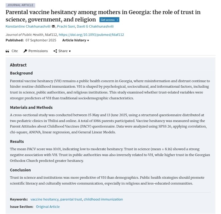 New article about vaccine hesitancy among Georgian parents.

It is evident that trust in science, public authorities, and church plays a tremendous role in vaccine hesitancy. This information should be utilized to tackle various issues.

full text: doi.org/10.1093/pubmed…