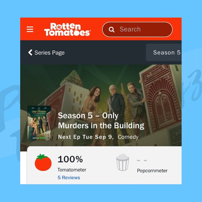 Three people standing and sitting on large playing cards with ornate designs. Selena Gomez sits on a card in a gold dress and pink heels. Steve Martin stands in a suit, and Martin Short leans on a card in a gray jacket and brown pants. A cityscape with green and yellow buildings is in the background. Text overlay reads "Rotten Tomatoes," "Season 5 - Only Murders in the Building," "Next Ep Tue Sep 9, Comedy," and "100% Tomatometer."