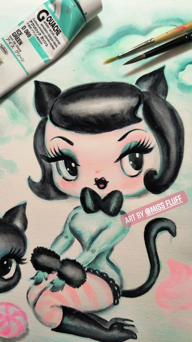 Miss_Fluff's tweet image. 🖤 kitten Dolly 🖤 drawing in progress. Gouache on Watercolor paper. 
#wipart #spookycute