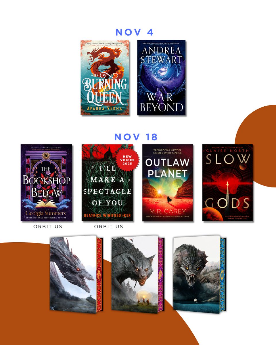 <a href="/FondaJLee/">Fonda Lee **news and updates**</a> <a href="/GailSimone/">Gail Simone 💙💛</a> <a href="/C_L_Clark/">C. L. // Cherae</a> <a href="/ThatLauraJMayo/">Laura J Mayo</a> <a href="/GRomeroLacruz/">Gabriela Romero Lacruz</a> <a href="/aptshadow/">Adrian Tchaikovsky</a> <a href="/tashadrinkstea/">Tasha Suri Updates - Not Here</a> <a href="/AMKvita/">Kvita 🍉</a> In November, read new books by <a href="/Spirited_Gal/">Aparna Verma (updates only)</a>, <a href="/AndreaGStewart/">Andrea Stewart *UPDATES ONLY*</a>, <a href="/ge_summers/">Georgia Summers</a>, Beatrice Winifred Iker, <a href="/michaelcarey191/">M.R.Carey</a>, <a href="/ClaireNorth42/">Claire North - Announcements Only</a>, and <a href="/JohnGwynne_/">John Gwynne</a>.