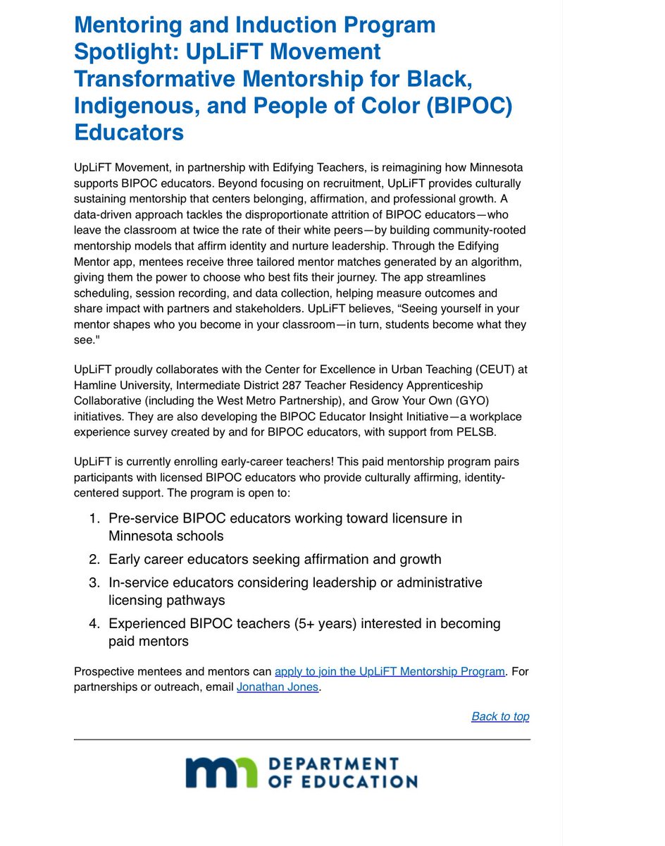 We are deeply grateful to the <a href="/MnDeptEd/">Minnesota Department of Education</a> for spotlighting <a href="/UpLIFTMov/">UpLiFT Movement</a> in the September 2025 Mentoring and Induction Newsletter!

Special thanks to Chris Ramadan for your continued partnership and support. We are so excited to be moving into Year Two of our grant, building even