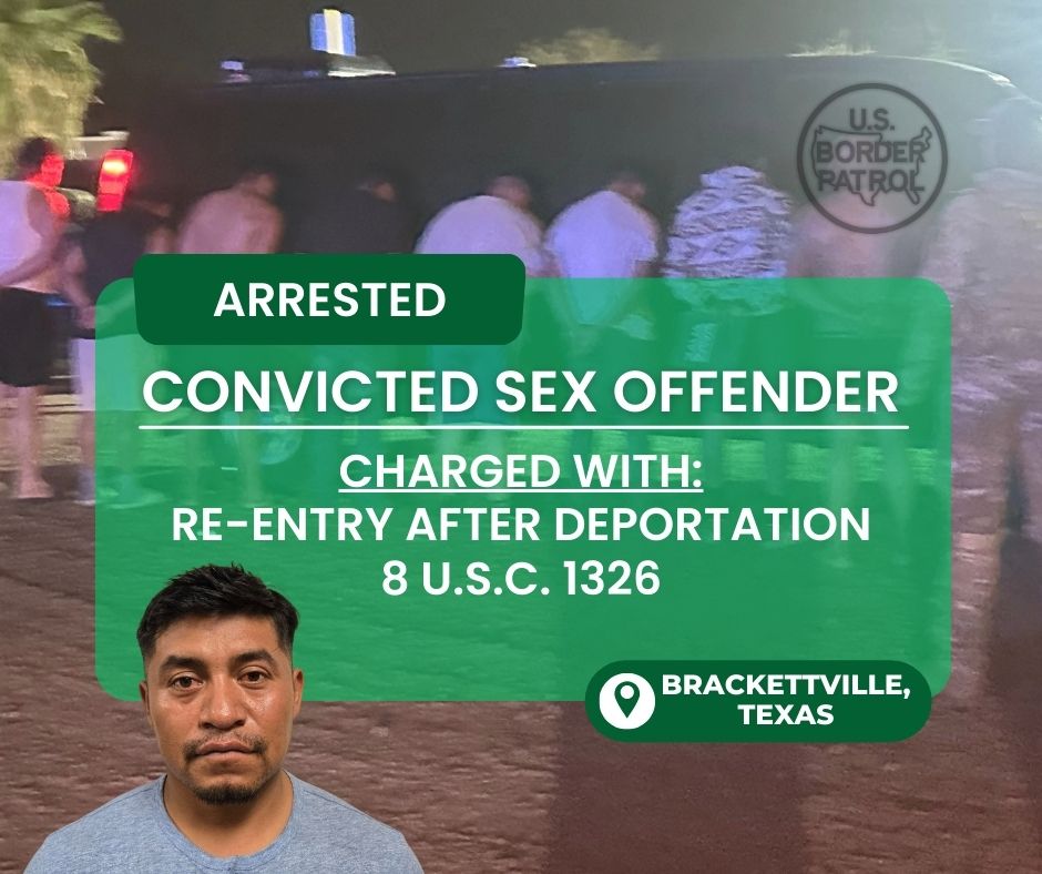 USBPChief's tweet photo. REGISTERED SEX OFFENDER CAUGHT! 

9/5- In Brackettville, TX, USBP agents apprehended Alejandro Dominguez-Ortiz, a Mexican national attempting to illegally sneak back into the U.S. after being deported. Biometric checks revealed an unsettling criminal record- a prior conviction for sexual assault in Hillsboro, TX, where he was sentenced to five years' confinement. Dominguez-Ortiz now faces felony illegal reentry charges. 

This is why a secure border is a critical part of a safe and secure America.