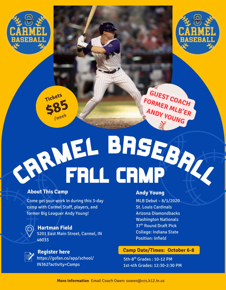 CDCPupsBaseball's tweet photo. Carmel Fall Baseball Camp is less than a month away. Come join MLB guest Coach, Andy Young! Andy has 2 seasons of Big League time, and we’re excited to have him share his wisdom with us. Hope to see you all October 6th-8th! https://t.co/jgTFYzpUiM