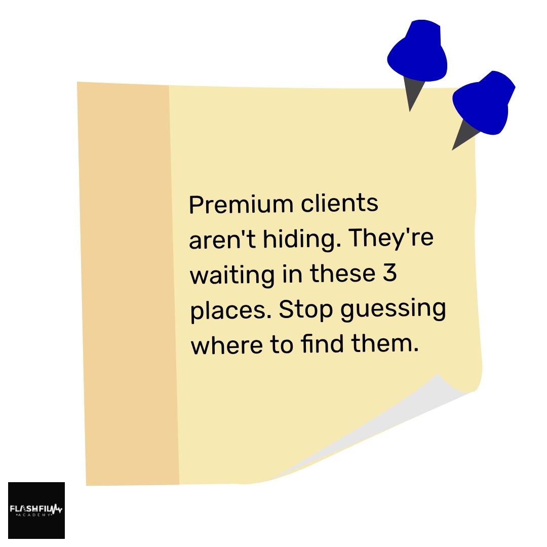 FlashFilmAcad's tweet image. Stop waiting. Find premium clients in 3 spots: LinkedIn, podcasts, agencies. Become a FlashFilm Academy Member today. Which will you try?

#contentcreators #highpayingclients #clientstrategy #FlashFilmAcademy