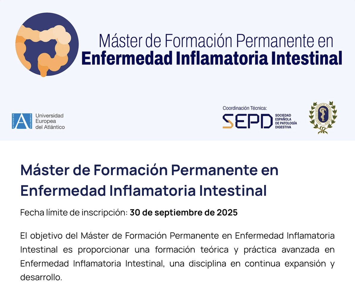 🎓 ¿Quieres llevar tu conocimiento en Enfermedad Inflamatoria Intestinal (EII) al siguiente nivel?
Realiza tu pre-inscripción al Máster de Formación Permanente en EII, de la mano de líderes internacionales en la materia.

💻 Accede a:
✔️ Seminarios en vivo
✔️ Clases grabadas
✔️