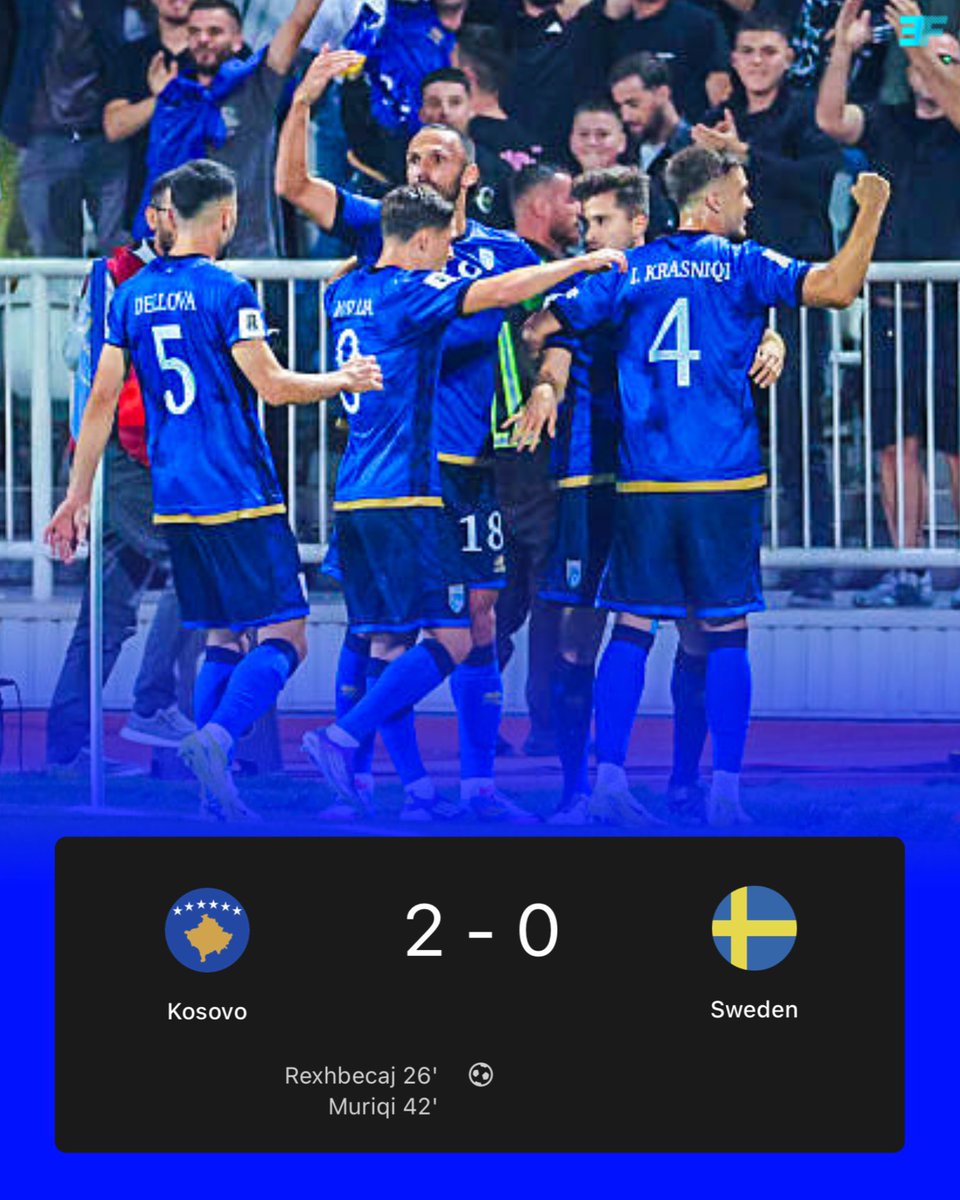 Fitore e madhe 2:0 për Përfaqësuesen e Kosovës ndaj Suedisë! 
Urime të përzemërta për gjithë lojtarët dhe stafin!

*******

Big 2:0 win for the Kosovo National Team over Sweden! 
Huge congratulations to all the players and staff!