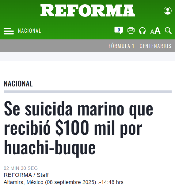 🚨 #ÚltimaHora El Capitán Abraham Pérez Ramírez, señalado por recibir $100 mil en red de huachicol fiscal de miembros de la Marina, se suicidó en sus oficinas del Puerto de Altamira. 

📷 Reforma