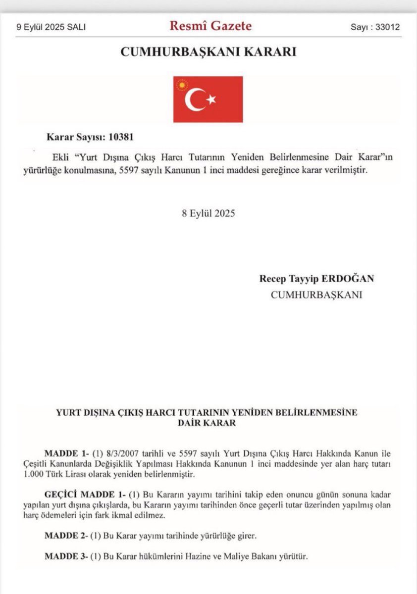 izzetcapa's tweet photo. Resmi Gazete’de yayımlanan Cumhurbaşkanı kararına göre yurtdışına çıkış harcı 1.000 TL’ye yükseltildi. https://t.co/pzfyggcdC8