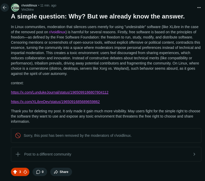 A follow up posted by the user and promptly deleted by the moderators of reddit.com/r/voidlinux :