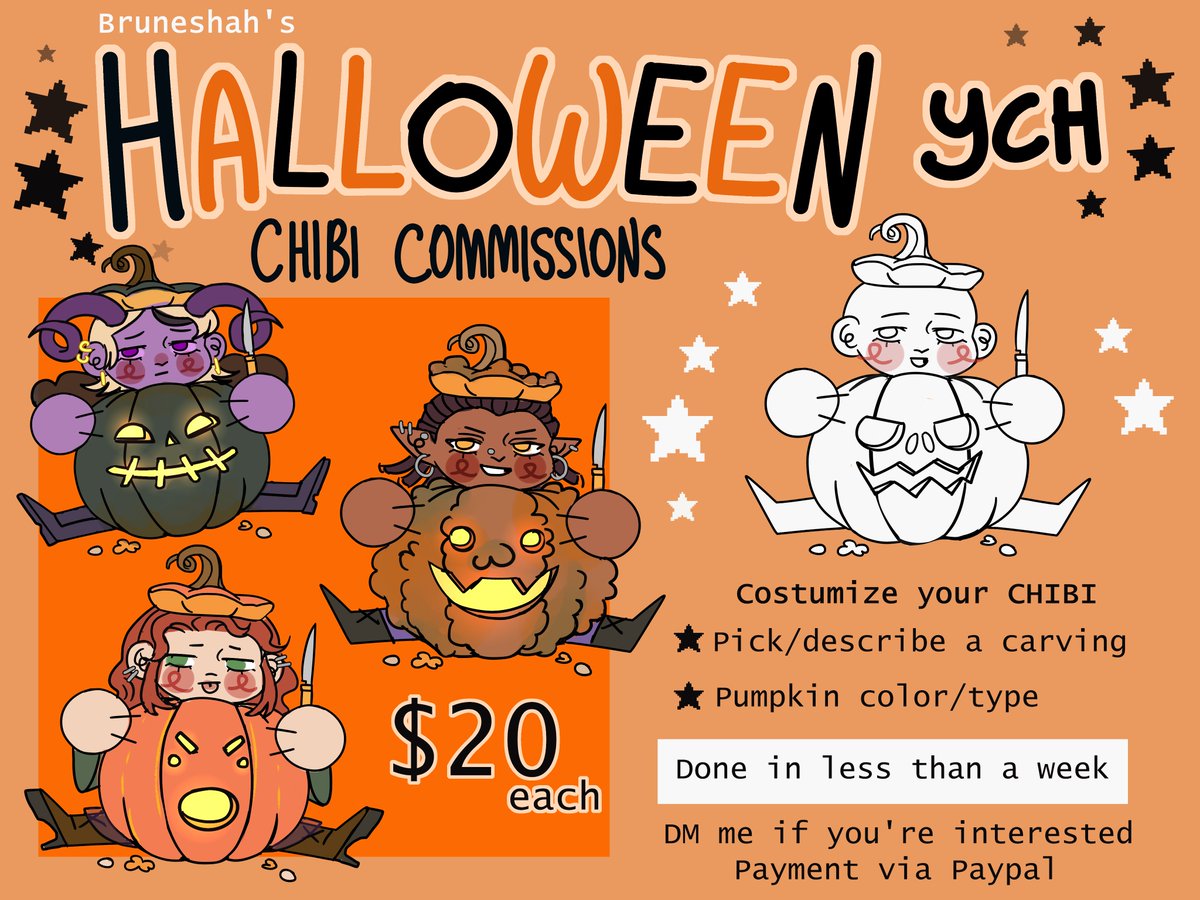 🌟HALLOWEEN YCH CHIBI COMMS🌟
-Pick a carving, color and type of pumpkin!
-Done in less than a week (1-7days)
-Interactions are appreciated!❤️
-DM me if you're interested
#ocart #ych #commissionsopen #artcommissions