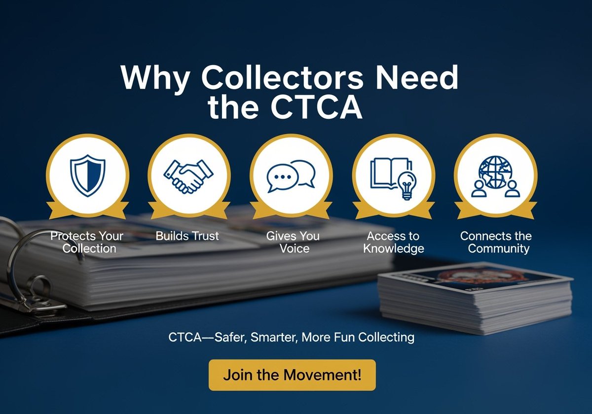 thectca's tweet photo. Why join the CTCA?
🔒 Protect your cards
🤝 Trust every deal
🗣️ Have your voice heard
📚 Get expert tips
🌎 Connect with the community
#TradingCards #Collectors #CTCA https://t.co/ukz3LT3eVE