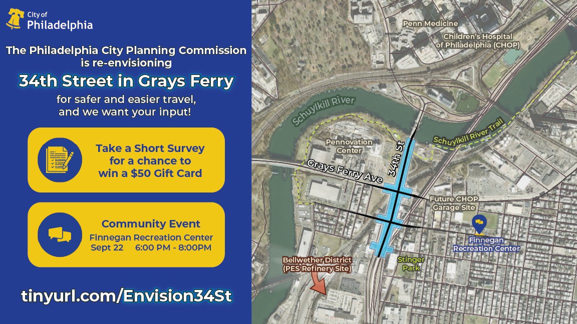 We’re re-envisioning 34th Street in Grays Ferry to make the corridor safer and more pleasant for everyone— and we want YOUR input!

Provide your feedback online or at our upcoming community meeting for a chance to win a $50 Gift Card: tinyurl.com/Envision34St