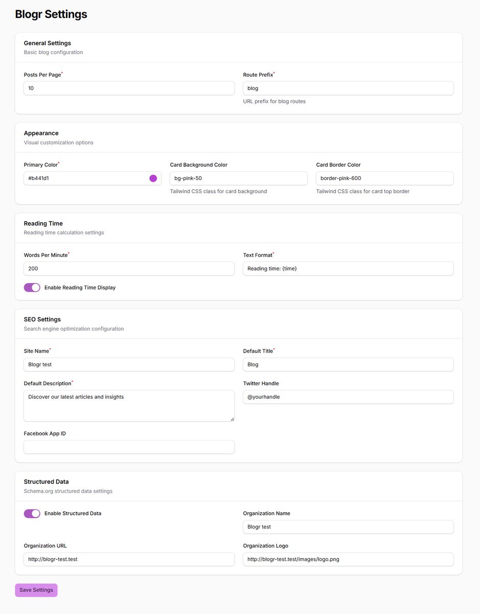 happytodev's tweet photo. Hey devs following my little #blogr adventure, 

A new feature is coming !

All settings in ‘config/blogr.php’ can now be modified directly in the application via a customised @filamentphp page.

What do you think of this new feature ?
Up👍 or Down👎 ?