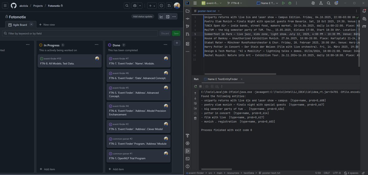 a_kolola's tweet image. 📱 #Fotonotix

Started a new user story: preparing test data for all entities across the trained models. This step will support later improvements in tokenization quality and overall precision of the Event Finder.

#NLP #EventData #MachineLearning #DevLog #FotonotixProject