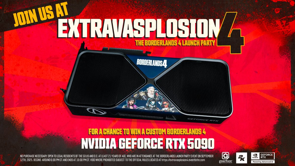 GearboxOfficial (@gearboxofficial) on Twitter photo GIVEAWAY ALERT! Join us for our launch event at Gilley's Dallas for a chance to win a custom <a href="/NVIDIAGeForce/">NVIDIA GeForce</a> RTX 5090 featuring our <a href="/Borderlands/">Borderlands</a> 4 Vault Hunters! If you're feeling lucky and want to beef up your PC, you know what to do⬇️
EXTRAVASPLOSION4.eventbrite.com
Please note that GIVEAWAY ALERT! Join us for our launch event at Gilley's Dallas for a chance to win a custom <a href="/NVIDIAGeForce/">NVIDIA GeForce</a> RTX 5090 featuring our <a href="/Borderlands/">Borderlands</a> 4 Vault Hunters! If you're feeling lucky and want to beef up your PC, you know what to do⬇️
EXTRAVASPLOSION4.eventbrite.com
Please note that