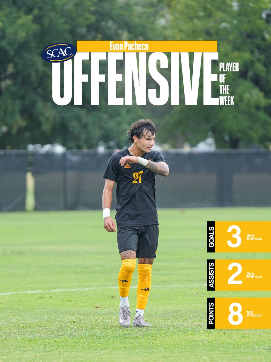 𝐎𝐧𝐥𝐲 𝐓𝐡𝐞 𝐁𝐞𝐠𝐢𝐧𝐧𝐢𝐧𝐠🐶

Evan Pacheco is this week’s SCAC Offensive Player of The Week following his first multi-goal effort last night. Pacheco leads the conference in points and is tied for 2nd in goals and assists. 

 #tlusoccer #defend830