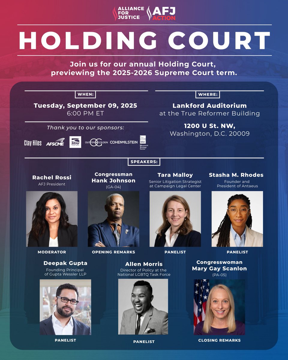 Alliance for Justice (@afjustice) on Twitter photo 📢 D.C. area, join AFJ and <a href="/AFJAction/">AFJ Action Campaign</a> TOMORROW, Sept. 9, from 6–8 PM ET for our annual in-person event, Holding Court: SCOTUS Term Preview!
We'll discuss the 2025–26 cases that will shape voting rights, transgender rights, campaign finance, & more.
RSVP: afj.org/holdingcourt20… 📢 D.C. area, join AFJ and <a href="/AFJAction/">AFJ Action Campaign</a> TOMORROW, Sept. 9, from 6–8 PM ET for our annual in-person event, Holding Court: SCOTUS Term Preview!
We'll discuss the 2025–26 cases that will shape voting rights, transgender rights, campaign finance, & more.
RSVP: afj.org/holdingcourt20…