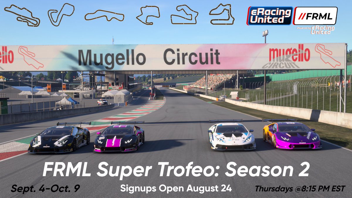 FRMotorsports's tweet image. Hello world of Twitter! Did you know we are currently running an active championship? Super Trofeo Season 2 is live now and round two is this Thursday! Join the FRML discord for more information
