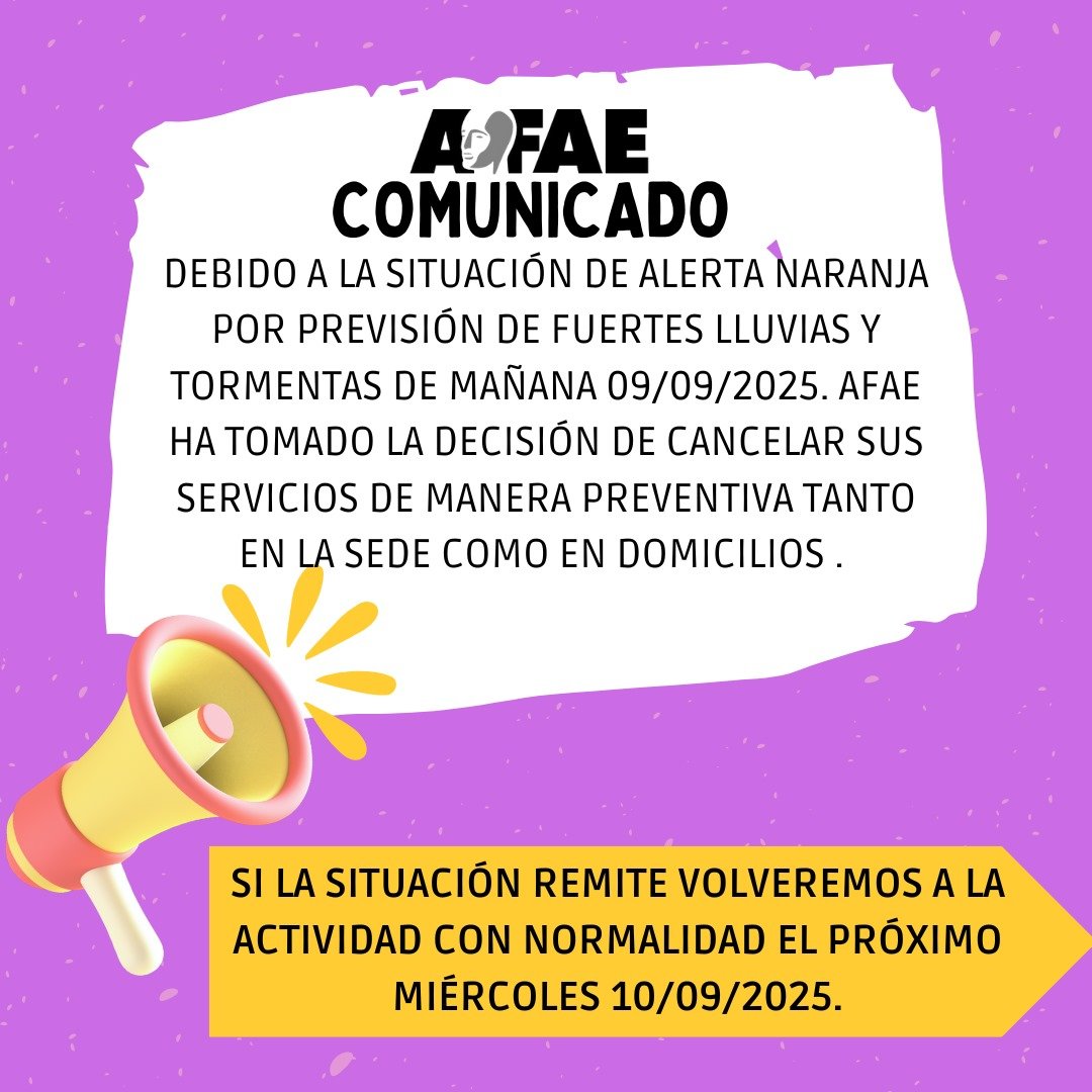 📢 Aviso importante 📢

⛈️ Debido a la alerta meteorológica por fuertes lluvias y tormentas prevista para mañana 09/09/25. AFAE ha decidido cancelar su actividad de manera preventiva.