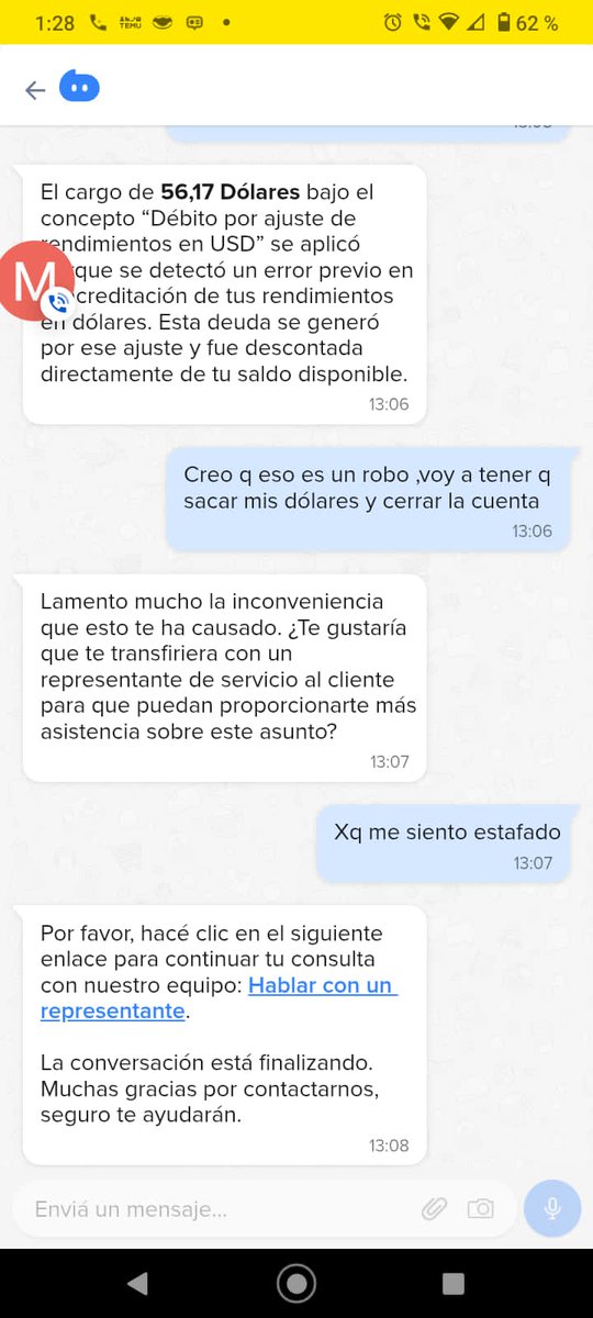 MERCADO PAGO ESTAFADOR

SI TENES DOLARES EN MERCADO PAGO REVISÁ, YA QUE HOY HICIERON UN "AJUSTE" POR LOS DOLARES QUE COMPRAMOS Y NOS DESCONTARON UN PORCENTAJE!!!! A mí viejo le descontaron 56 dólares por un error al acreditar una compra que realizó hace MESES

<a href="/mercadopago/">Mercado Pago</a>