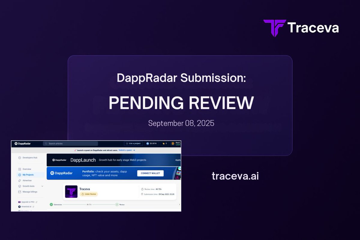TracevaErc's tweet photo. Traceva dApp submitted to @DappRadar: 
We’ve officially submitted Traceva to DappRadar for listing!
Explore, track, and support the growth of our zero-trace AI agent platform.

✅ Utility live
✅ Onchain comms
✅ Public dashboard
✅ Traceva Chat demo

Try it: https://t.co/6ZyACOEqjJ
#Traceva #TRCV #DappRadar #ZeroTrace #OnchainComms #EVM #PrivacyFi #AIagents #CryptoTools #Web3