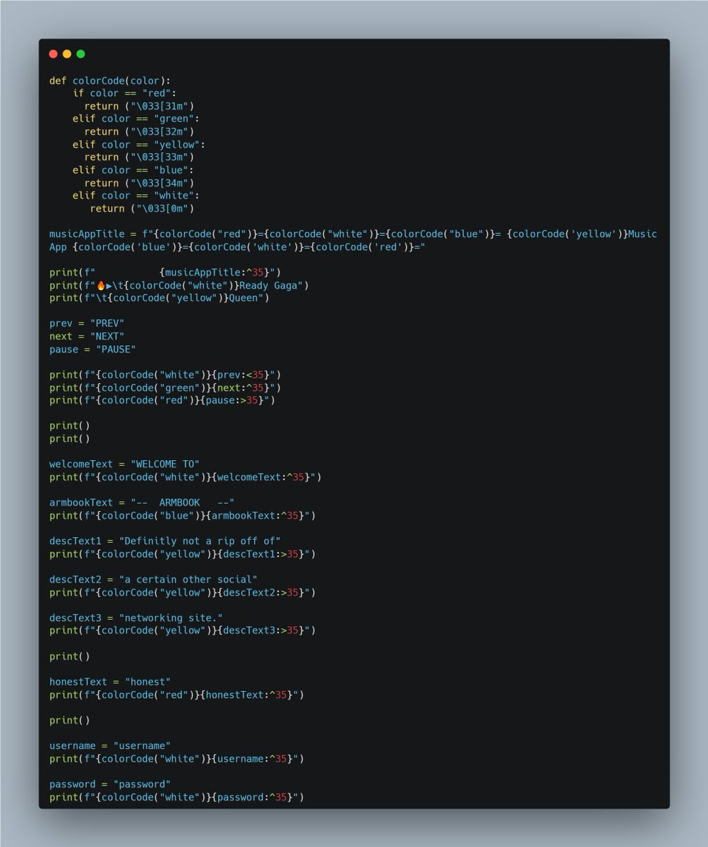dkingony's tweet image. Day 31 of 100

Project Day! 
With all I learnt so far, I wrote a design interface program🎨 The challenge was focused entirely on string formatting and print statements.

I have also included the output of my beautiful interface 😁

#Replit100DaysOfCode #pythonlearning