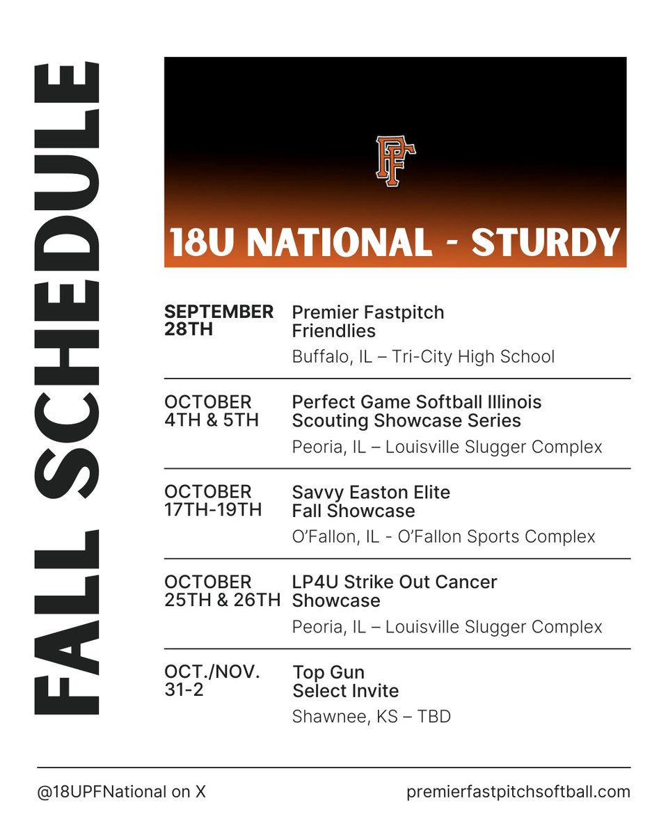 The Fall Schedule is complete, we have talented 26s and 27s that will compete at the next level. Make plans to come see PF!