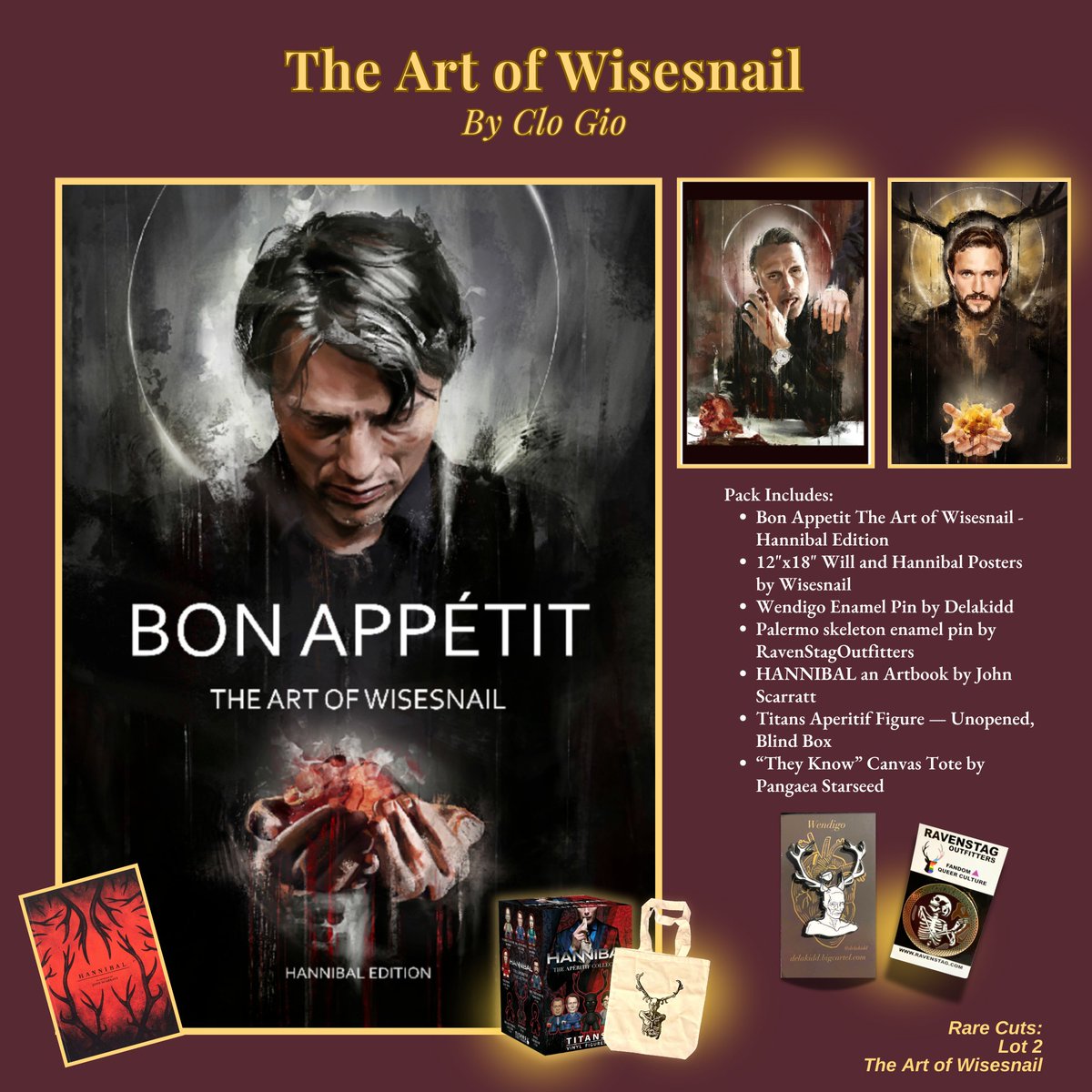 FannibalFest's tweet photo. 🩸Rare Cuts Preview🩸

🎨Lot 2: The Art of Wisesnail — Clo Gio’s stunning Hannibal artbook + posters, pins, tote &amp; more

✍️Lot 36: Autographed 8x10 cast photo signed by Mads  + Esquire China &amp; SCREEN Japan covers &amp; more

Auction Sept 14🖤

#RareCuts #RareCutsAuction #Hannibal10 https://t.co/CvOgwKghjh
