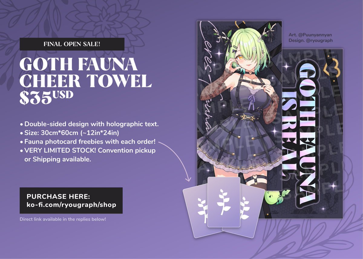ryougraph's tweet image. 💜 Happy Monday! Just reminding fans that I have very few Goth Fauna Cheer Towels left!

Free pickup at my next conventions or can also ship to you too, more details in the kofi link below ⬇️ 

#FineFaunart #ceresfauna