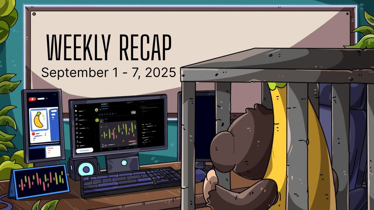 bananagun's tweet photo. Banana Gun Weekly Recap: 1st - 7th September

🍌 $152.8K in fees, down from $175K last week but still steady flow
📊 $146.9M in bot volume, rebounding from $105M, mostly thanks to $ETH
👥 32.7K users this week: 8.6K returning, 24.1K new: a wave of fresh bananas
🥇 Still #1 on the bot board with $ETH dominance at 89.7%, far ahead of Maestro
🏦 Tradfi + crypto mash-ups, institutional alt plays, and retail chaos all cooking
🛠️ Fresh dev drops: Wallet Tracking, DCA strategies, mobile polish, and the brand new Advanced Chart live in the terminal
