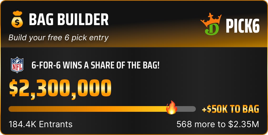 NFtSWIFT's tweet photo. I just entered the Pick6 Bag Builder! Opt-in and enter for your free shot to split the $2.3M bag! https://t.co/HmlePI4lzS https://t.co/q25PYA6YFV