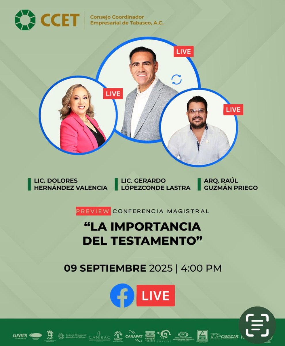 📢 Únete al LIVE PREVIO a la Conferencia Magistral 📚
“La Importancia del Testamento” 🖋️

👩‍💼 Lic. Dolores Hernández Valencia
👨‍💼 Lic. Gerardo Lópezconde Lastra
👷‍♂️ Arq. Raúl Guzmán Priego

🗓️ 09/09/2025 | 4:00 PM
📲 En Facebook Live 

Resuelve dudas y planea con responsabilidad.