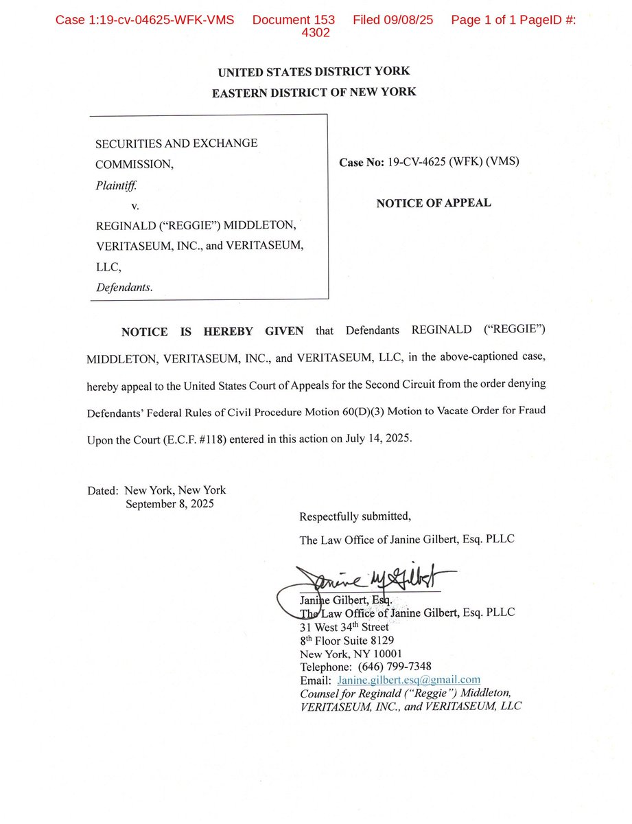 ReggieMiddleton's tweet image. We have filed a notice of appeal in our Fraud on the Court case  against the SEC. Any legal.eagles or media professionals would likely find this story to be extremely interesting. The media attention when I was accused of fraud was extensive. Care to explain why silence now?