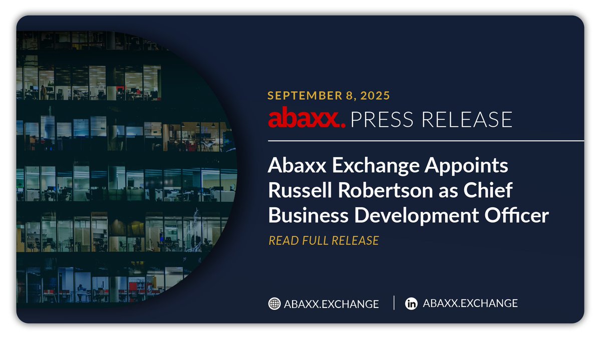 abaxx_exchange's tweet image. Abaxx Exchange appoints Russell Robertson as Chief Business Development Officer effective Sept 9, 2025

Robertson brings 25+ years of experience across trading, clearing &amp;amp; product development, including senior roles at Gulf Mercantile Exchange, CME &amp;amp; ICE

bit.ly/abaxx-appoints…