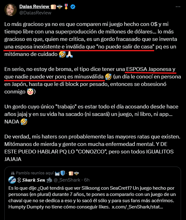 INCOsky's tweet photo. Finalmente Dalas mete mi vida privada y se la inventa para intentar hacer daño.

Jamás he salido públicamente a hablar sobre mi vida privada. Que si tengo pareja o esposa, si es "inválida" o no, si es japonesa o no. Lo único que todos saben sobre mí públicamente es que solo, no estoy.

Y nunca hablo de esto, porque protejo a mis seres queridos de internet de gente como Dalas.
Porque hay mucha gente maliciosa en redes que usaran a tu familia como arma en contra de uno, ya que saben que esto si podría lastimar.

Dalas no sabe nada sobre mi vida privada, pero no pierde el tiempo en usar a mis cercanos, inventarse mi vida e "intentar" atacar.

Mucha gente me lo dijo "ten cuidado con Dalas" y yo pensando que era una persona "normal" detrás de un personaje, decidí en su momento darle mi voto de confianza.

Pero me equivoqué. Y lo reconozco, Dalas es a toda regla una mala persona y yo tengo toda la potestad de afirmarlo de forma categórica.

Doy gracias a que fui criado con grandes valores para no caer al nivel de Dalas o cambiar mis valores simplemente porque un enajenado mental está frustrado con su vida.

Eso sí, a mí jamás me verán deseando la muerte de las personas o fantaseando con quitarles la vida. Eso se lo dejo a Dalas.