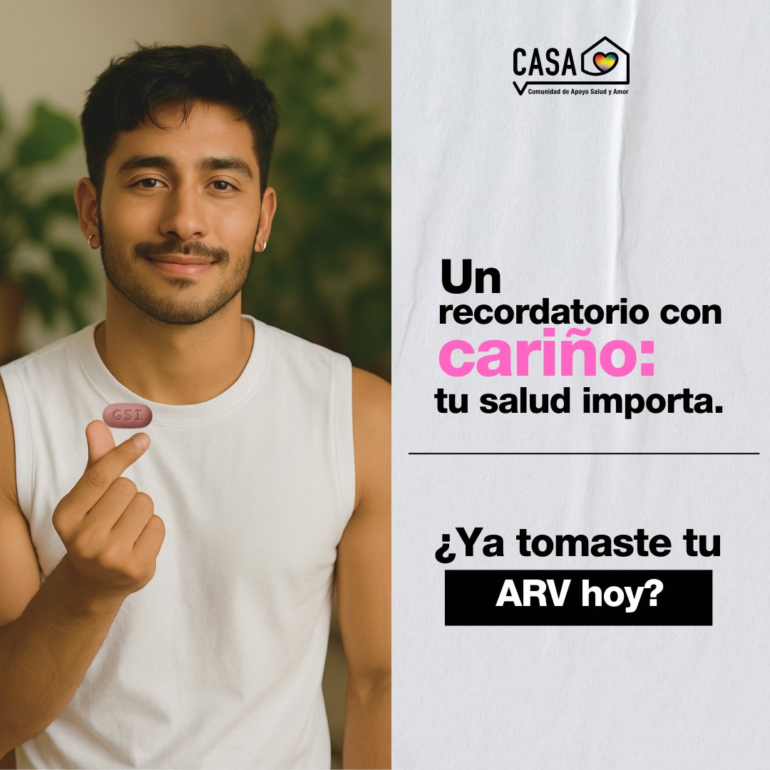 Queremos recordarte que tu salud y tu bienestar están primero . Tomar tu tratamiento antirretroviral todos los días es un acto de amor propio y de cuidado para seguir brillando con toda tu fuerza .  Estamos contigo, paso a paso.

#CASAContigo #VivirConVIH #TratamientoEsVida