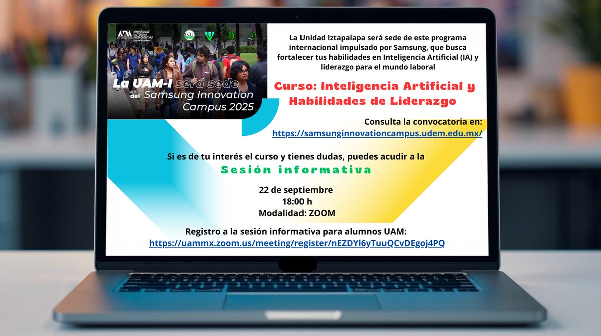 UAM_Iztapalapa's tweet photo. 🤖🚀 La #UAMI será sede del programa internacional Samsung Innovation Campus.
Fortalece tus habilidades en IA y liderazgo 🌎✨
📚 Convocatoria: https://t.co/dncQwv4z1c
📅 Sesión informativa: 22/sep | 18:00 h | ZOOM
🔗 Registro: https://t.co/W6mNxW08LR https://t.co/Tv5DMm4nzH