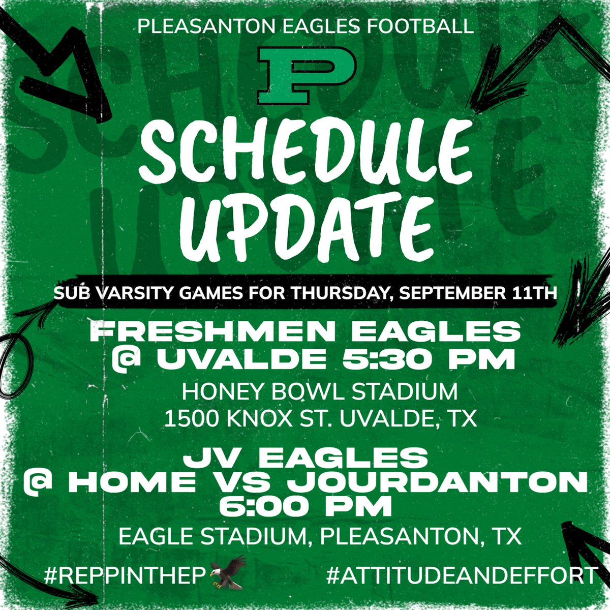 Schedule updates for subvarsity games Thursday, September 11th.