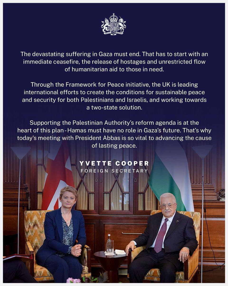 Through the Framework for Peace initiative, the UK is leading international efforts to create the conditions for sustainable peace and security for both Palestinians and Israelis, and working towards a two-state solution. 

<a href="/YvetteCooperMP/">Yvette Cooper</a> met Palestinian President Abbas today.