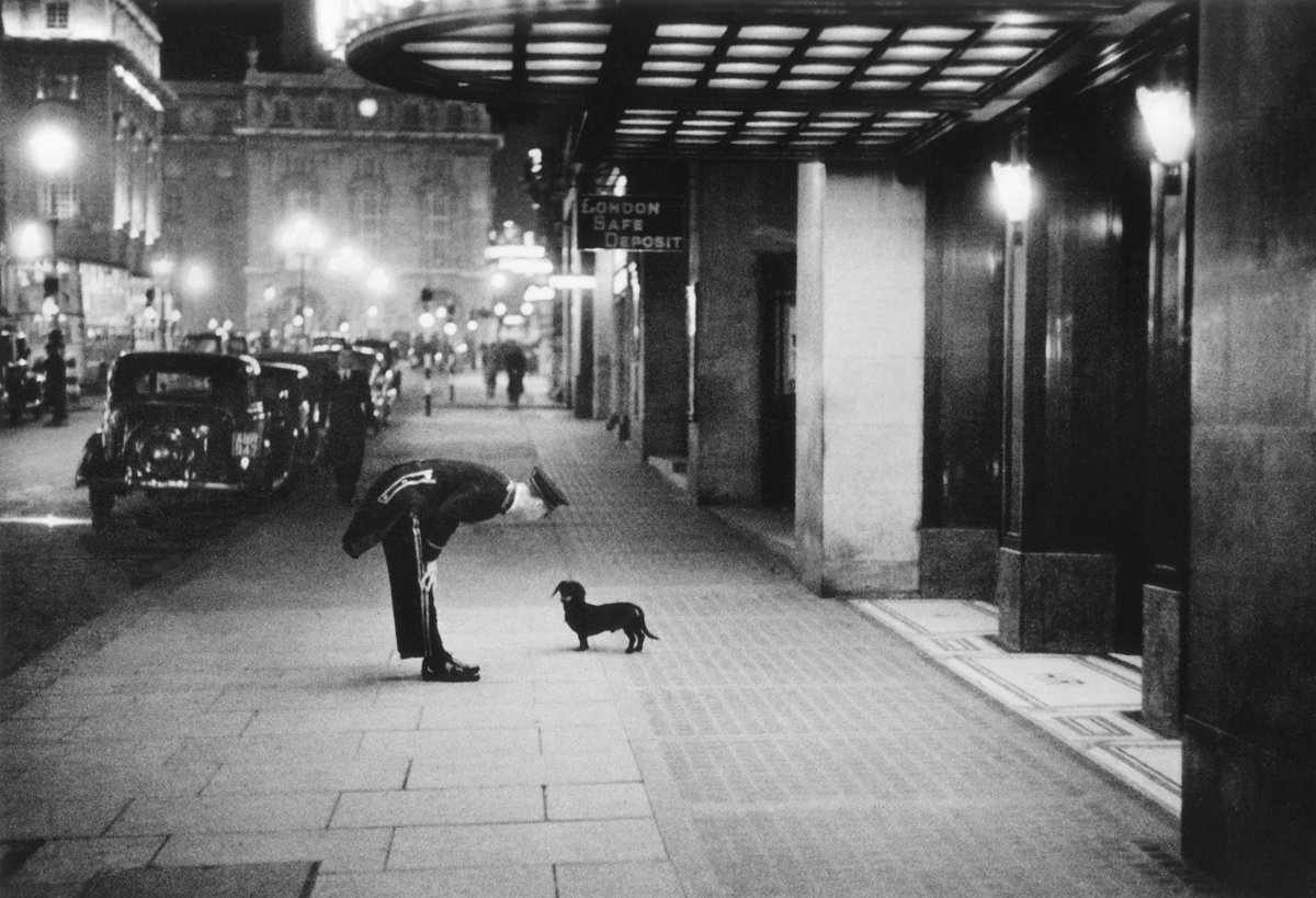 The street glows in the evening light as a hotel commissionaire chats with a dachshund. London, 1938.