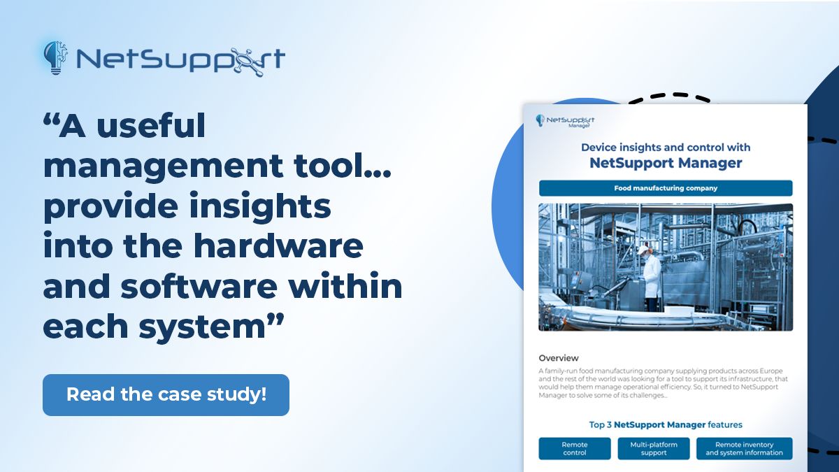 NetSupportNSM's tweet image. A food manufacturing company with a small IT team needed an efficient tool to manage their 500+ devices. They chose NetSupport Manager. Read the case study! buff.ly/jNPbqfQ
#NetSupportManager #ITSupport #CaseStudy