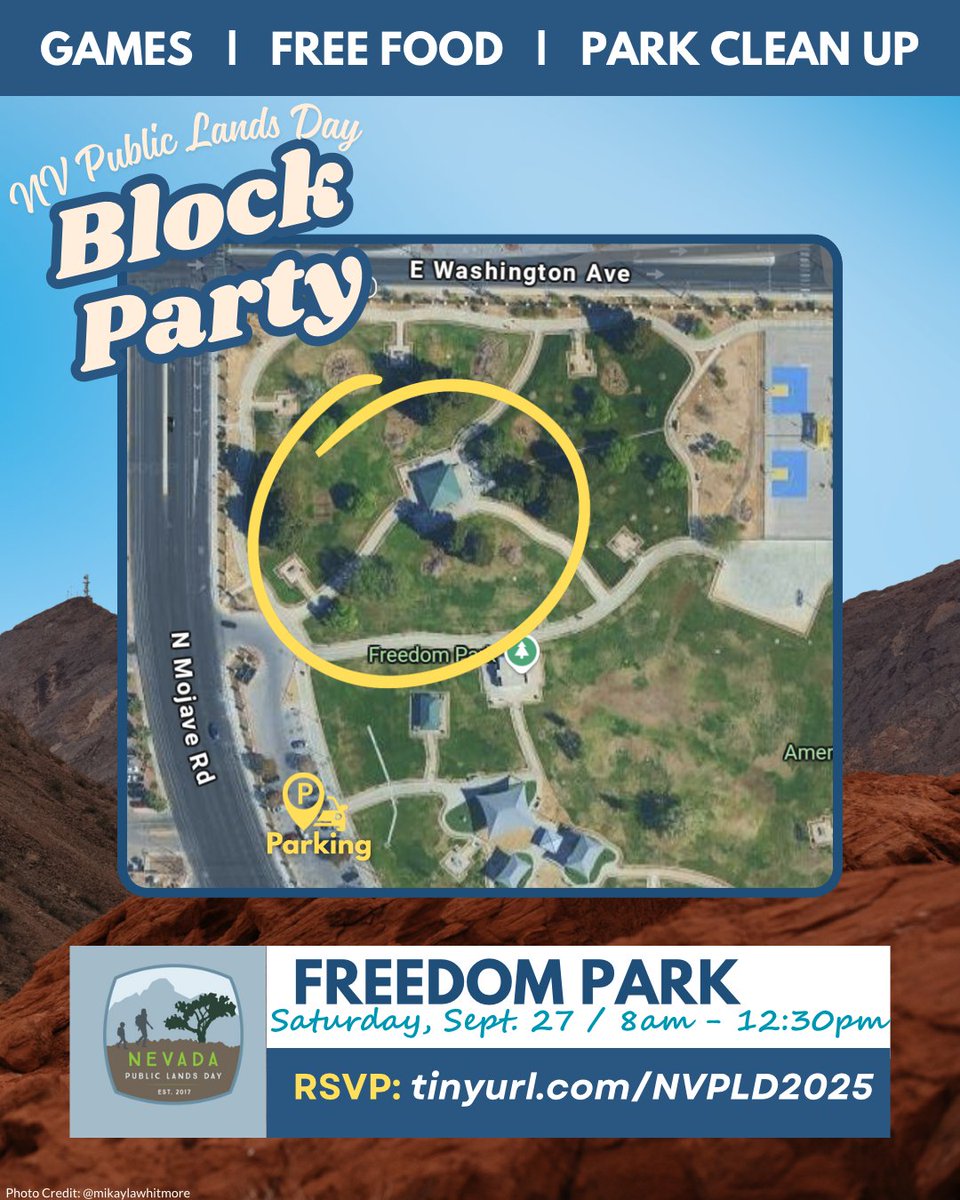 🏅 Nevada is home to 4 beautiful National Parks. Celebrate these outdoor spaces this #NVPublicLandsDay with us at our #Monumental Block Party! Volunteers will cleanup Freedom Park, eat FREE food, play yard games, and hang with us 😎 tinyurl.com/NVPLD2025 

🔆 Beat the heat with