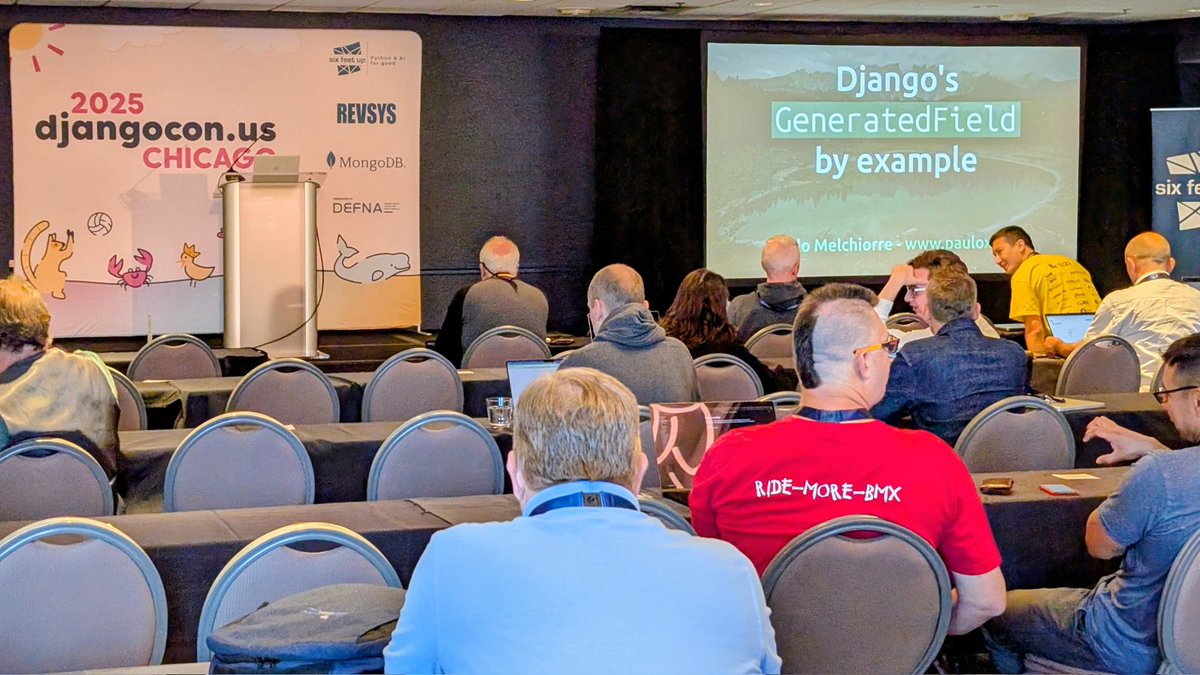pauloxnet's tweet image. This morning I presented my talk &quot;Django&apos;s Generated Field by Example&quot; at DjangoCon US 2025 in Chicago. 🇺🇸

Photo of the talk by Muhammad Abdugafarov 

CC @djangocon

#Django #DjangoCon #DjnagoConUS #DjangoConUS2025 #GeneratedField #GeneratedColumn #PostgreSQL #SQLite