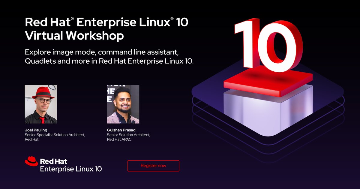 RedHatAPAC's tweet image. Ready to level up your Linux skills? Join the RHEL 10 Virtual Workshop on September 17, 2025! Explore new features like Image Mode, AI-powered CLI, Quadlets, and advanced security tools. Register now: red.ht/482qYR9

#RHEL10 #LinuxWorkshop #ITTraining