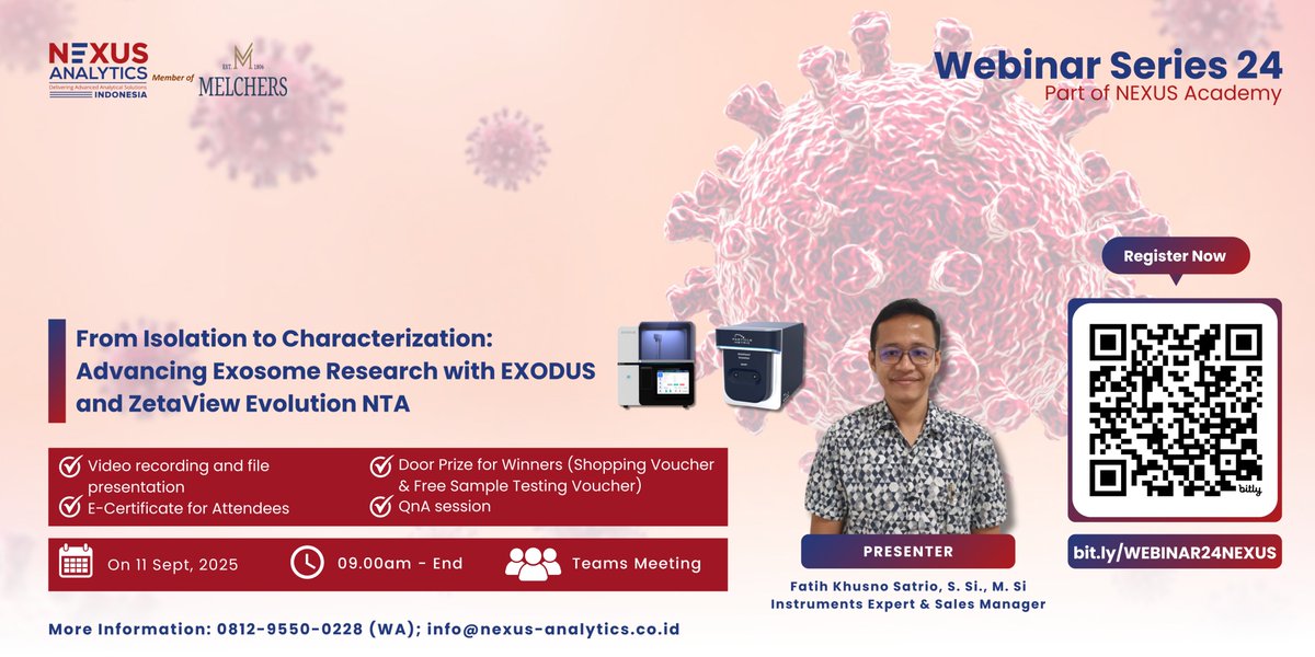 Exosome kini menjadi fokus penting dalam penelitian biomedis karena potensinya dalam diagnostik, terapi, dan pengembangan obat. Namun, tantangan terbesar terletak pada isolasi yang efisien dan karakterisasi yang akurat.

📌Daftar sekarang: bit.ly/WEBINAR24NEXUS
#ExosomeResearch